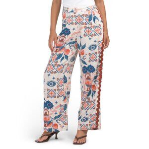 WHITE CLOSET Blue Multi Linen Blend Floral Pattern Pants